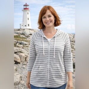 Threehearts Striped Gray and White Hoodie with lace trim. Cotton blend. Size XL